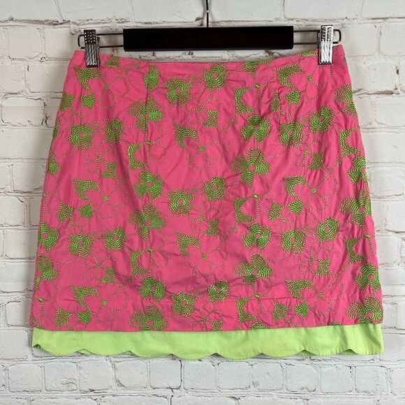 LILLY PULITZER cotton pink embroidered floral green lined skirt size 4 - Picture 1 of 5